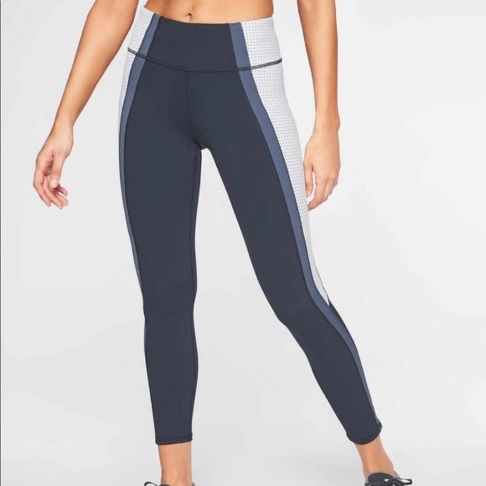 Athleta Colorblock Contender 7/8 Leggings Navy Blue and White Mesh Size M